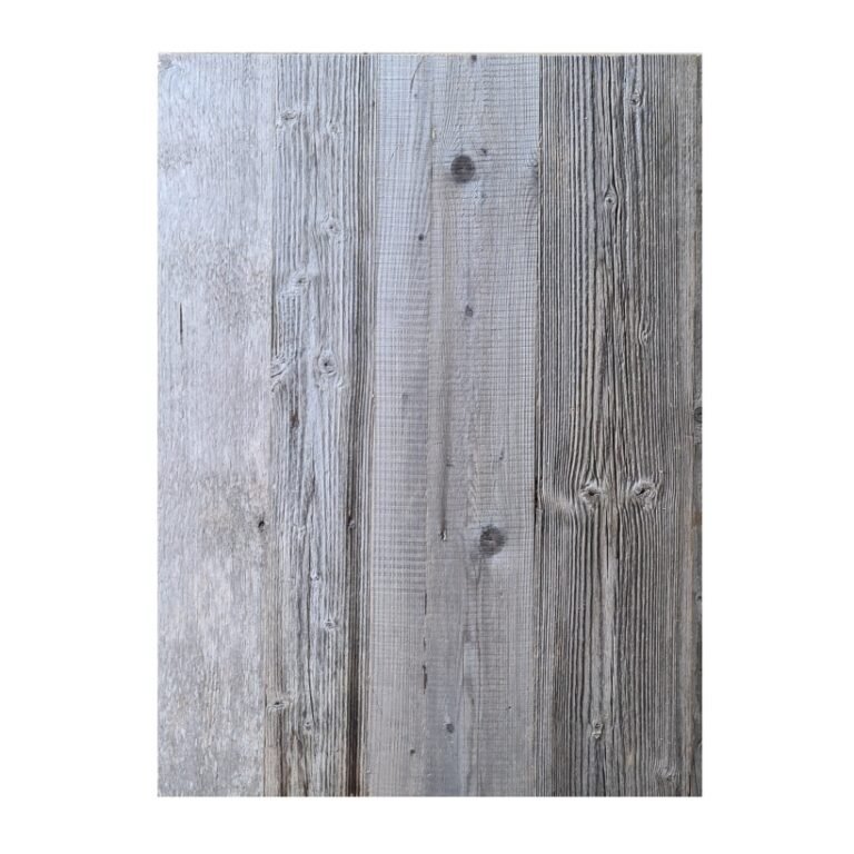 Graue Altholzplatte aus Fichte mit Patina-Effekt und feiner, natürlicher Holzmaserung