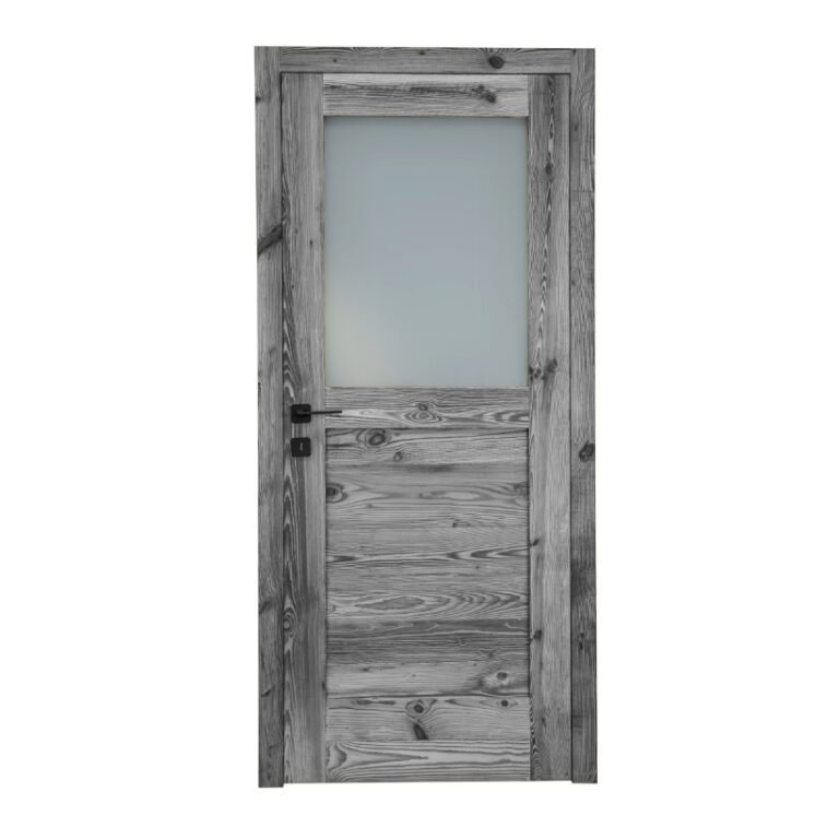 Altholztür Chandolin in grau mit Glaseinsatz – elegante Kombination aus Glas und altem Holz.