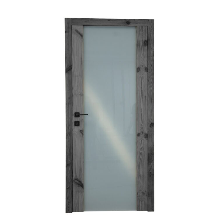 Altholztür Evolène in grau mit verschiedenen Glaseinsätzen erhältlich – moderne Altholztür in dunklem Holzton.