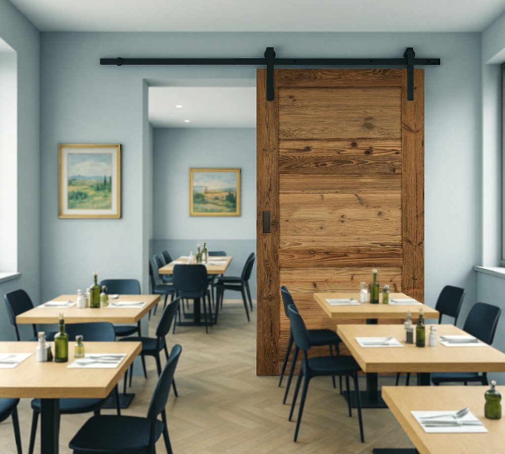 Modernes Restaurant ausgestattet mit echter Altholzschiebetür als Raumtrenner