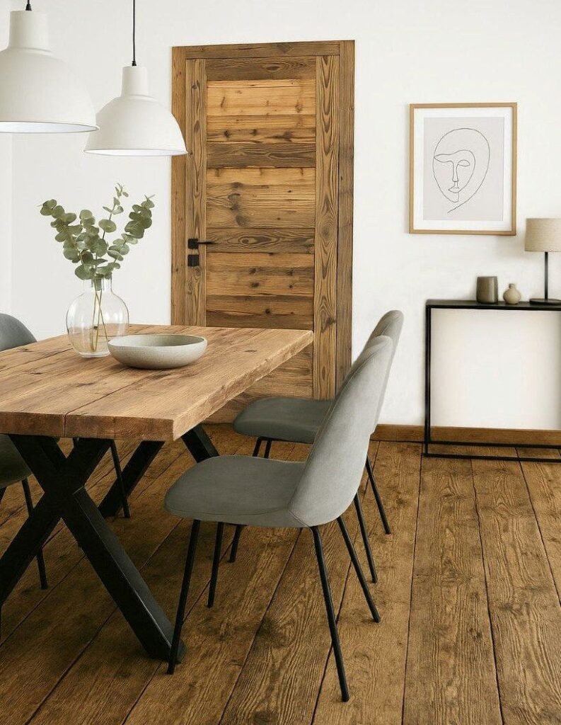 Esszimmer mit Tisch aus Altholzdielen und Tür Altholz – natürliche, warme Atmosphäre.