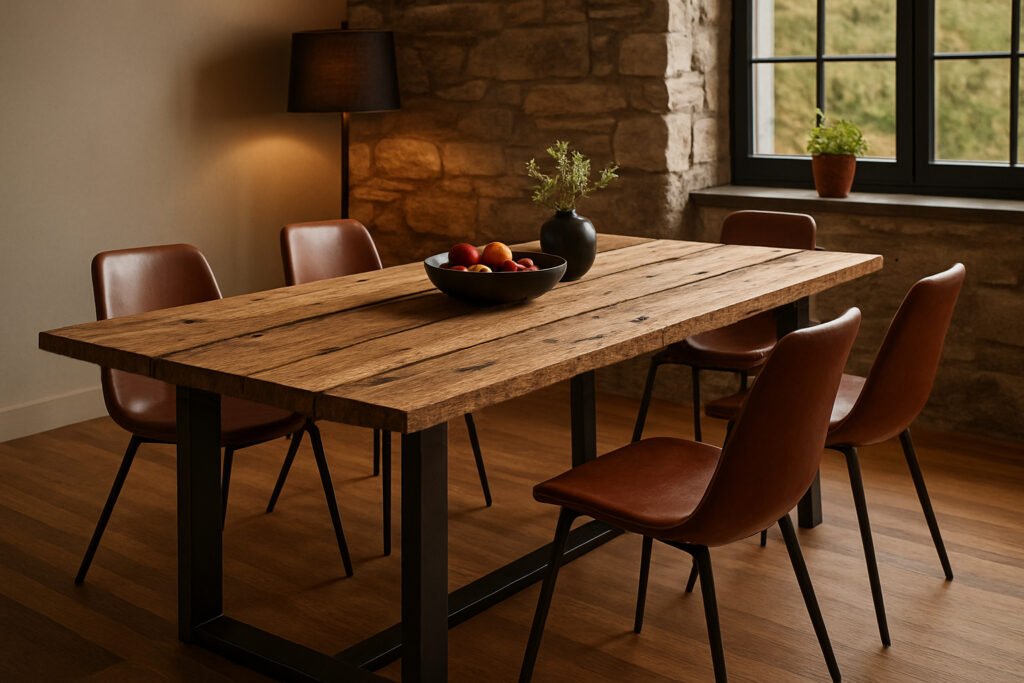 Esszimmer mit großem Altholz Esszimmertisch in Bohlenoptik