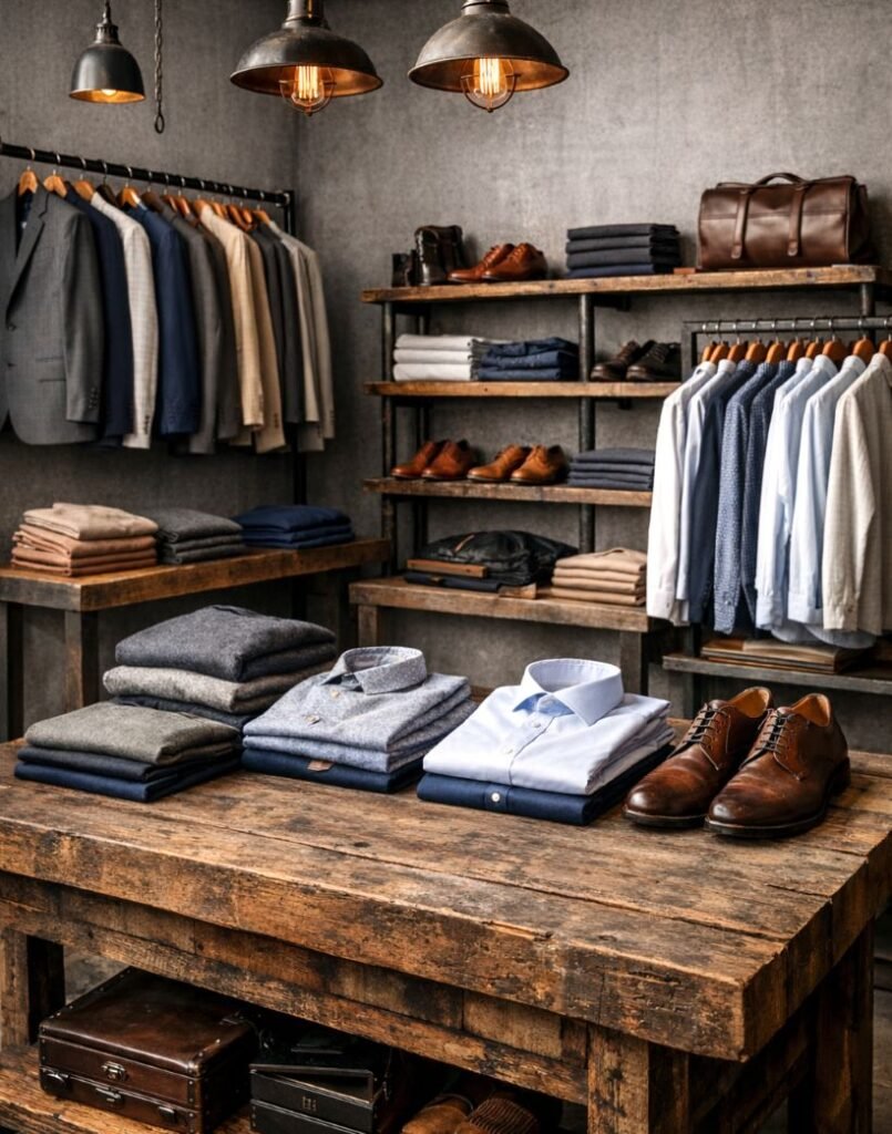 Moderner Herrenausstatter mit Ladeneinrichtung aus Vintageholz und industriellen Details